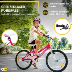 Actionbikes Kinderfahrrad Butterfly 20 Zoll, Pink, Fahrradständer, Kettenschutz, Antirutschgriffe (Weiß/Pink)