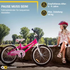 Actionbikes Kinderfahrrad Butterfly 20 Zoll, Pink, Fahrradständer, Kettenschutz, Antirutschgriffe (Weiß/Pink)
