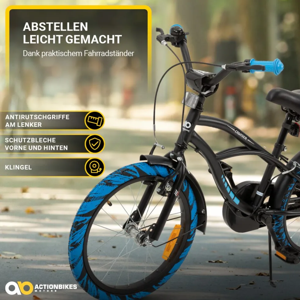 Actionbikes Kinderfahrrad Cruiser 18 Zoll, schwarz, Fahrradständer, Antirutschgriffe, Lenkerschutz (Schwarz/Blau)