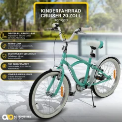 Actionbikes Kinderfahrrad Cruiser 20 Zoll, Rosa/Türkis, verstellbar, Seitenständer, V-Brake-Bremsen (Türkis)