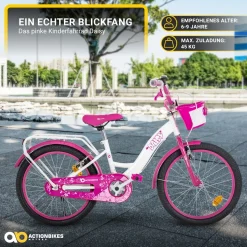 Actionbikes Kinderfahrrad Daisy 20 Zoll, pink, V-Brake-Bremsen, Antirutschgriffe, Kettenschutz, Korb (East)