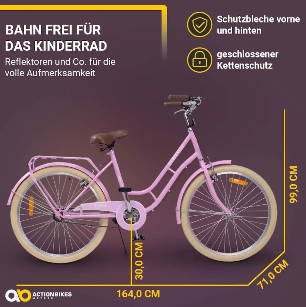 Actionbikes Kinderfahrrad Retrostar 24 Zoll, Rosa, Fahrradständer, Gepäckträger, Sattel gefedert (Rosa)