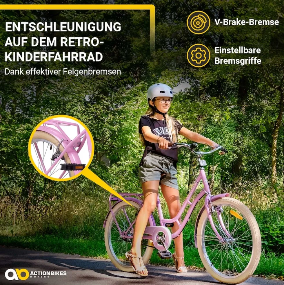 Actionbikes Kinderfahrrad Retrostar 20 Zoll, Rosa, Fahrradständer, Gepäckträger, Sattel gefedert (Rosa)
