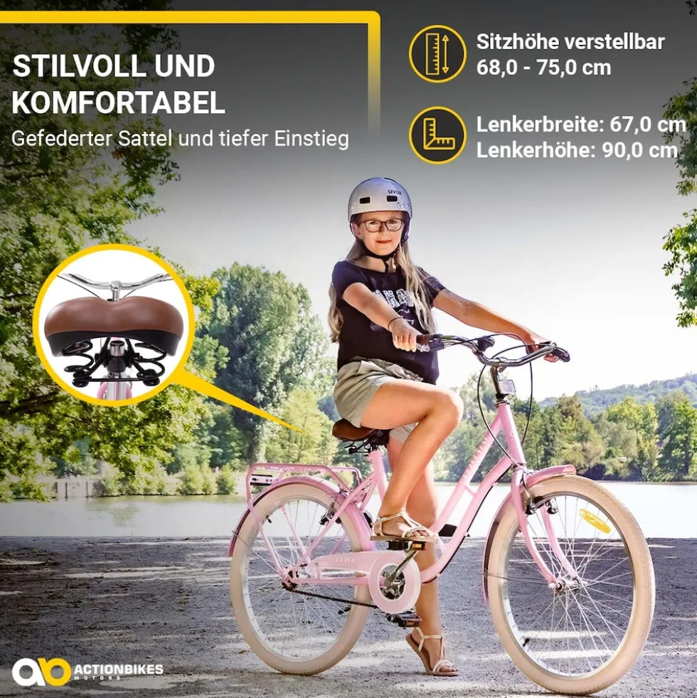 Actionbikes Kinderfahrrad Retrostar 20 Zoll, Rosa, Fahrradständer, Gepäckträger, Sattel gefedert (Rosa)