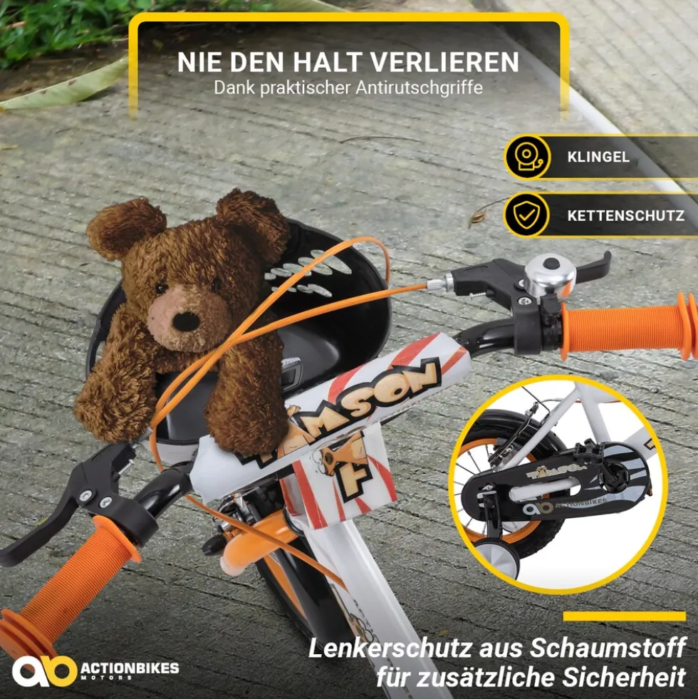 Actionbikes Kinderfahrrad Timson 12 Zoll, V-Brake-Bremsen, höhenverstellbar, Stützräder, Korb