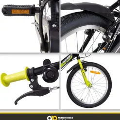 Actionbikes Kinderfahrrad Wasp 20 Zoll, Fahrradständer, Schutzbleche, verstellbar, V-Brake-Bremsen (Schwarz-Grün)