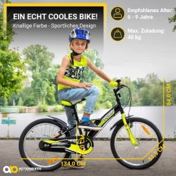 Actionbikes Kinderfahrrad Wasp 20 Zoll, Fahrradständer, Schutzbleche, verstellbar, V-Brake-Bremsen (Schwarz-Grün)