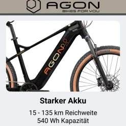 Agon Alpha E Bike Mountainbike Herren 160 - 185 cm Pedelec 27,5 Zoll Hardtail MTB Trail mit Ananda Motor 10 Gang 540 Wh