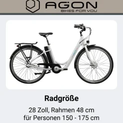 Agon Aurora 28 Zoll E-Bike 28 Zoll Citybike bis 130 km Damen Herren 150 - 175 cm Pedelec Elektrofahrrad 3 Gang und Beleuchtung StVZO