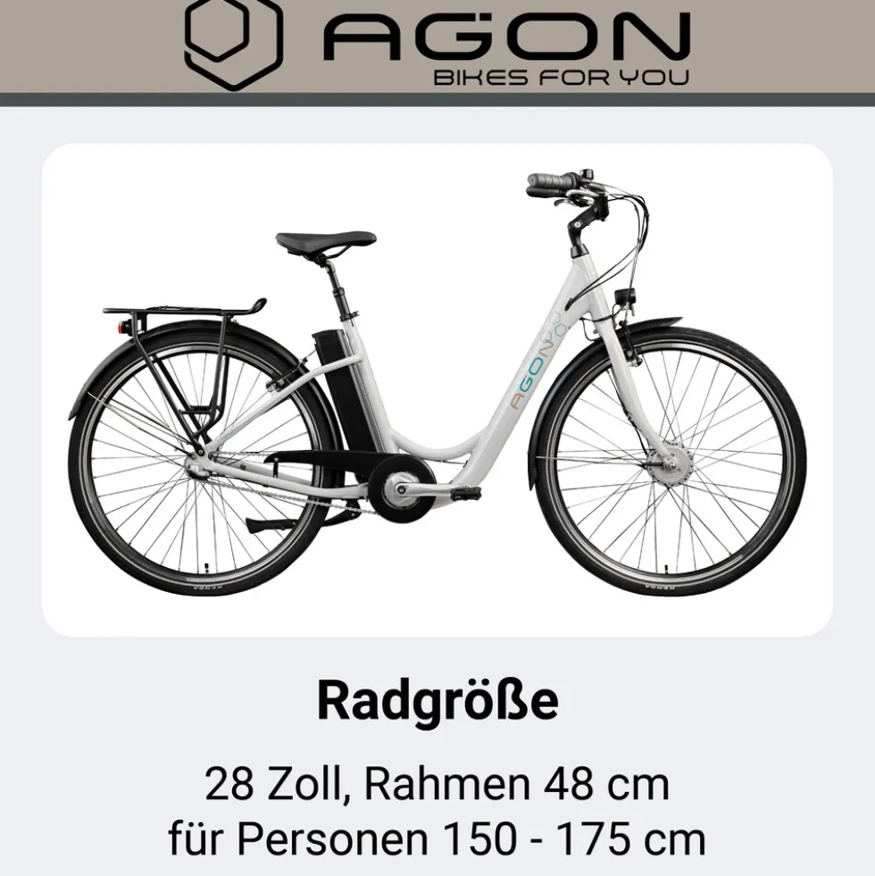 Agon Aurora 28 Zoll E-Bike 28 Zoll Citybike bis 130 km Damen Herren 150 - 175 cm Pedelec Elektrofahrrad 3 Gang und Beleuchtung StVZO