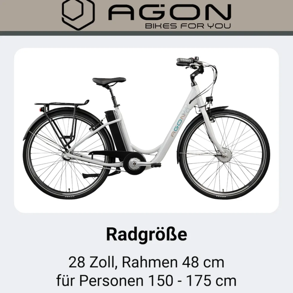 Agon Aurora 28 Zoll E-Bike 28 Zoll Citybike bis 130 km Damen Herren 150 - 175 cm Pedelec Elektrofahrrad 3 Gang und Beleuchtung StVZO