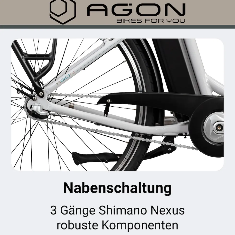 Agon Aurora 28 Zoll E-Bike 28 Zoll Citybike bis 130 km Damen Herren 150 - 175 cm Pedelec Elektrofahrrad 3 Gang und Beleuchtung StVZO