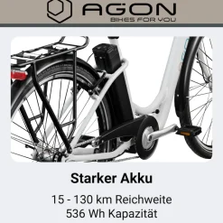 Agon Aurora 28 Zoll E-Bike 28 Zoll Citybike bis 130 km Damen Herren 150 - 175 cm Pedelec Elektrofahrrad 3 Gang und Beleuchtung StVZO