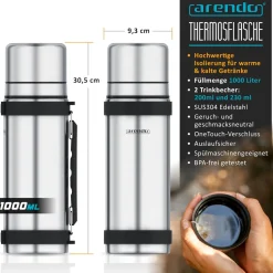 Arendo Isolierflasche, Edelstahl, BPA-frei, hält warm & kalt, 1 Liter