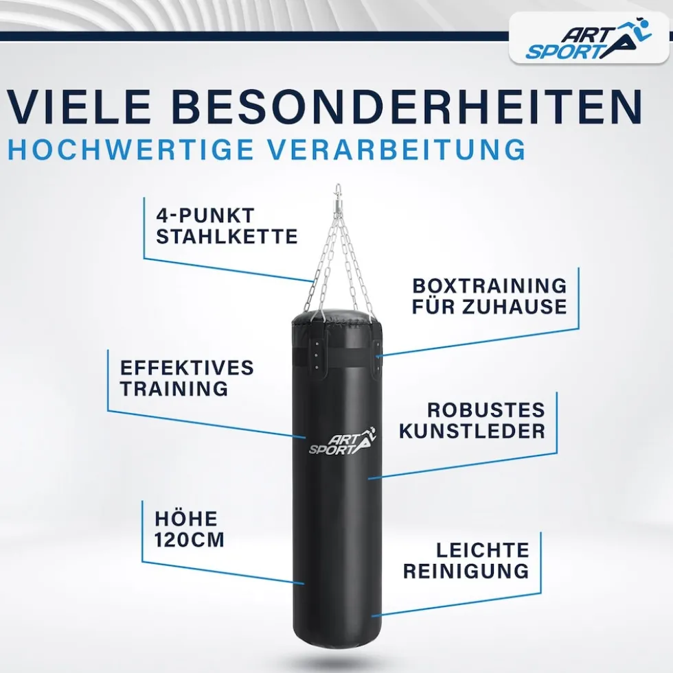 ArtSport Boxsack 30kg gefüllt, Box Set mit Stahlkette & Karabinerhaken für Erwachsene Schwarz
