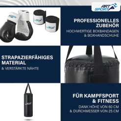 ArtSport Boxsack Set gefüllt – Kinder Boxset 10 kg mit Boxhandschuhen, Bandagen, Deckenhalterung