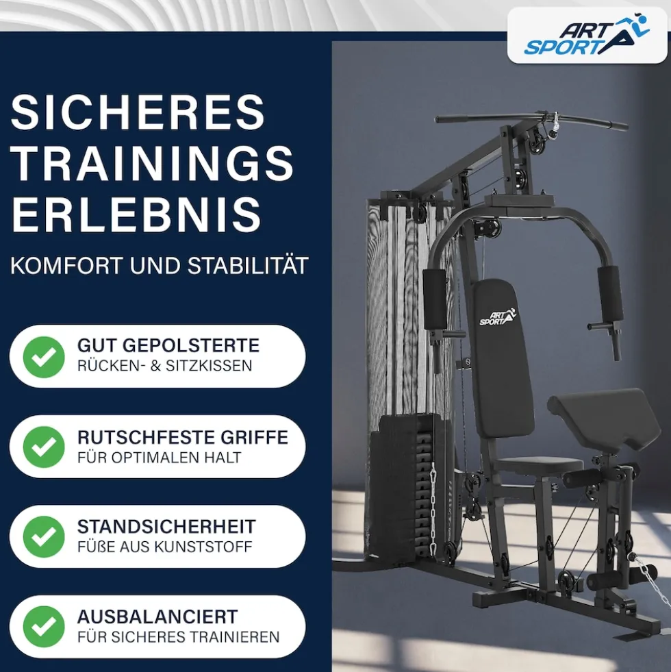 ArtSport Kraftstation ProfiGym 3000 mit 14 Gewichten, 77 kg - Bizeps, Lattzug, Butterfly - Schwarz