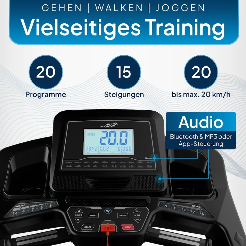 ArtSport Laufband Speedrunner 7000, 20 km/h elektrisch, klappbar mit App & MP3 – Schwarz