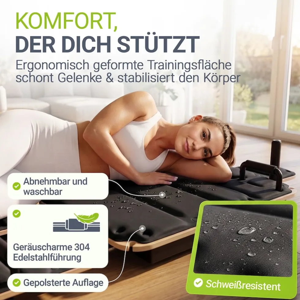 ARTSPORT® Pilates Reformer Board Movea in Schwarz - Ganzkörper-Fitnessgerät mit 6 Trainingsbändern, Mini Reformer inkl. 52 x Trainingsvideos