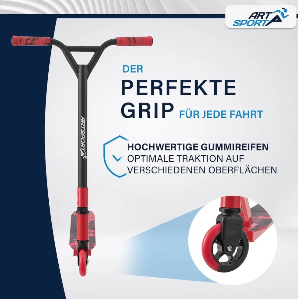 ArtSport Stunt Scooter Red Smoke - Trick Roller für Kinder & Jugendliche - Tretroller Rot Schwarz