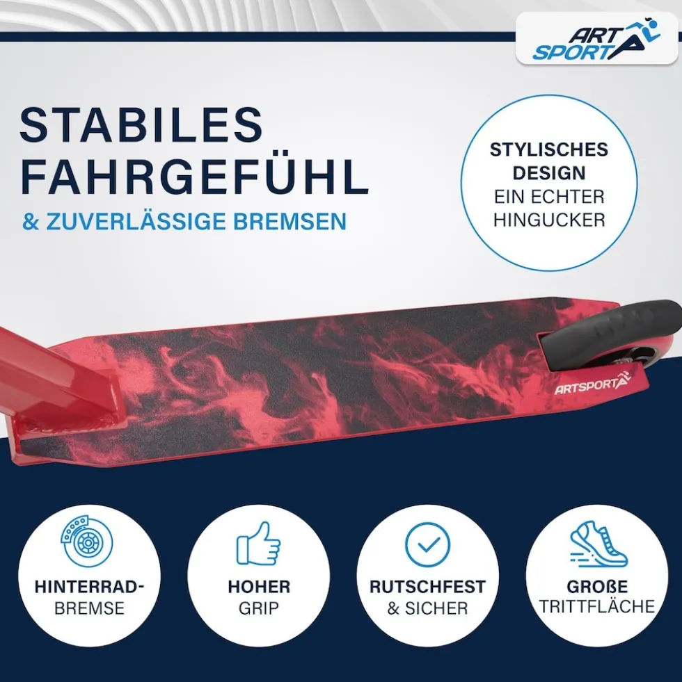 ArtSport Stunt Scooter Red Smoke - Trick Roller für Kinder & Jugendliche - Tretroller Rot Schwarz
