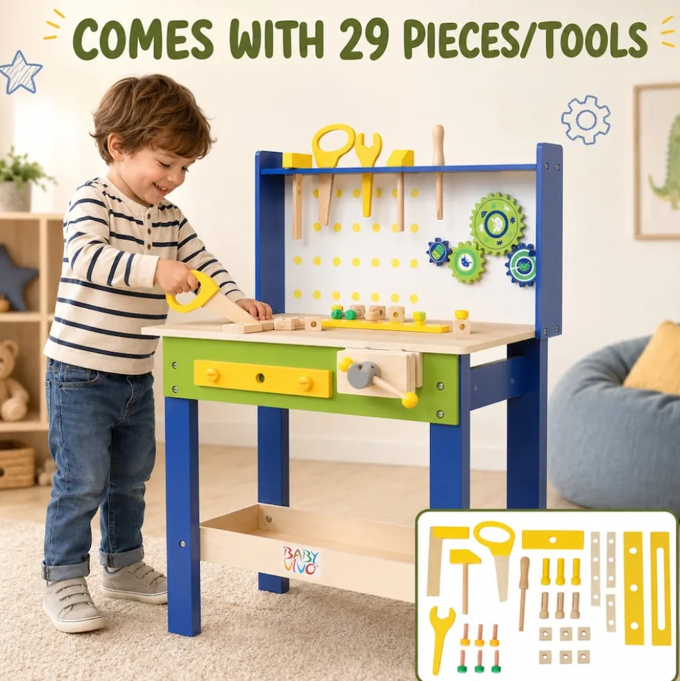 Baby Vivo Spielwerkbank / Werkbank für Kinder aus Holz - Luigi mit drehbaren Zahnrädern und 29 Teilen Zubehör