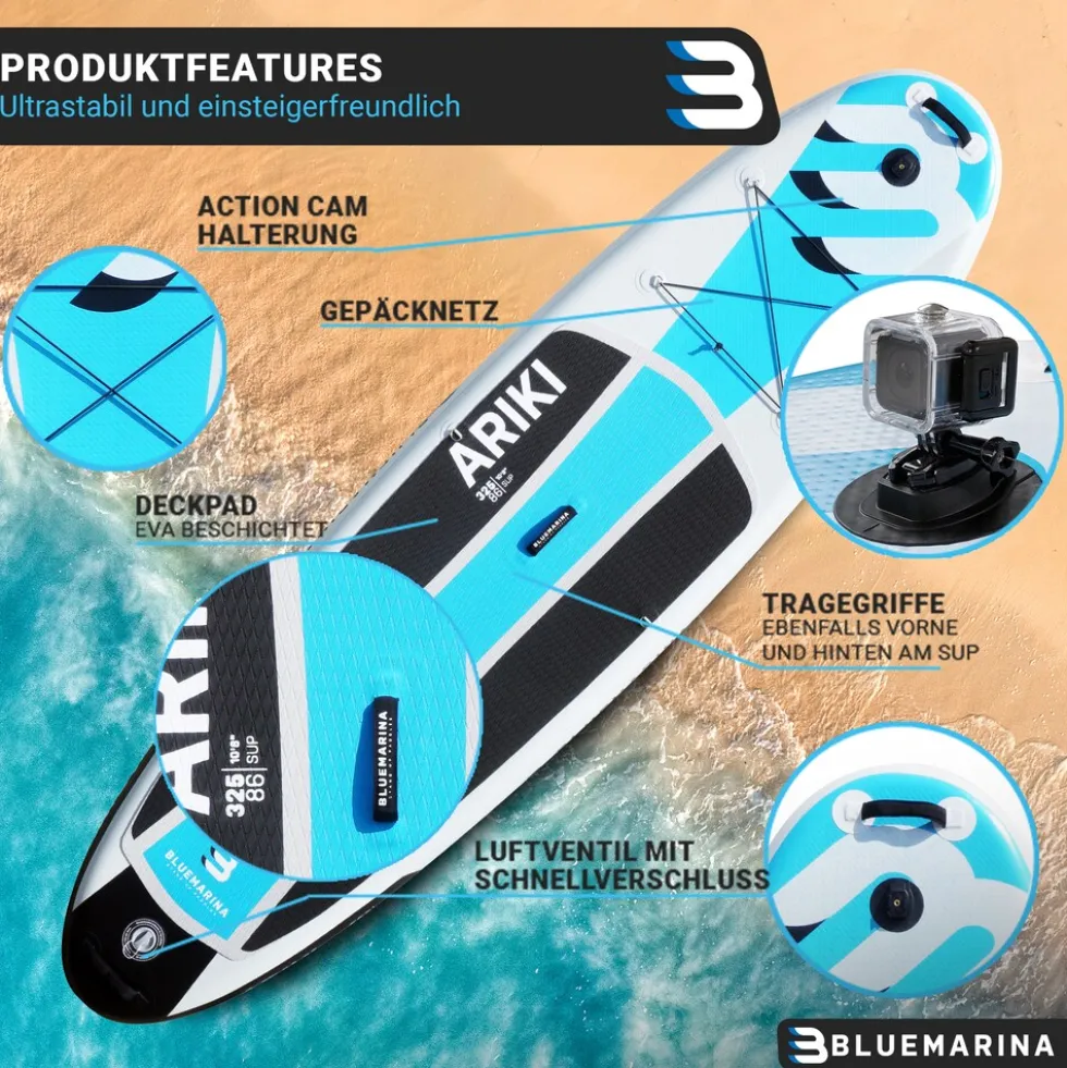 Bluemarina SUP Board Ariki, Stand Up Paddle aufblasbar mit Paddel, Pumpe, Rucksack, 5J Garantie (Classic 2.0, 325x86x16,5cm / 10'8")