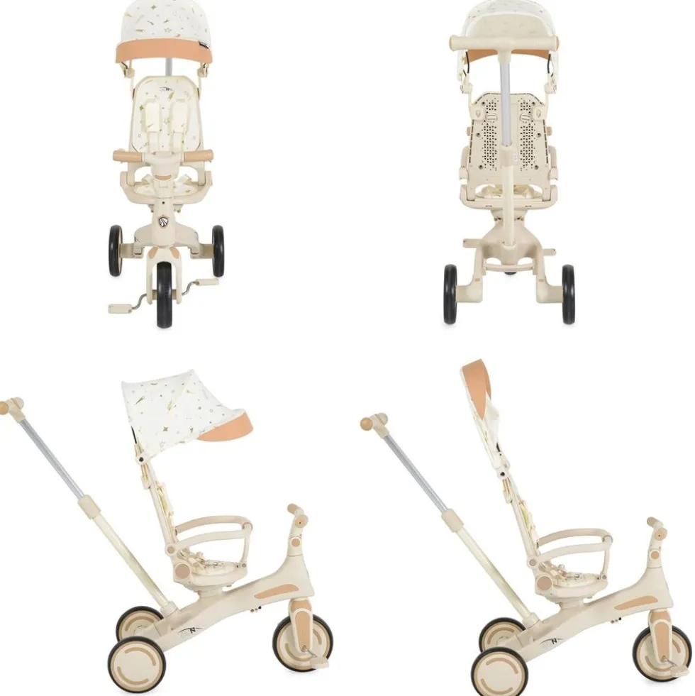 Byox Dreirad, Tricycle Juno 4 in 1 Laufrad Schiebegriff Sitzdrehung Sonnendach weiß beige
