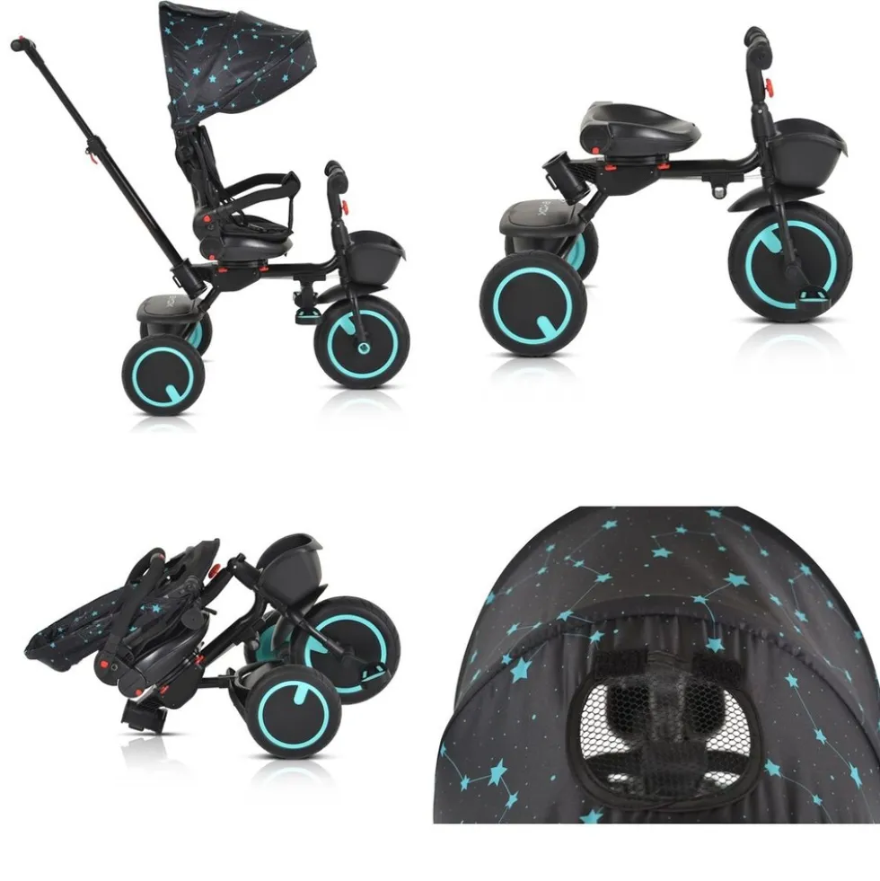 Byox Dreirad Tricycle Orion faltbar, PU-Reifen, drehbarer Sitz, Schiebestange türkis