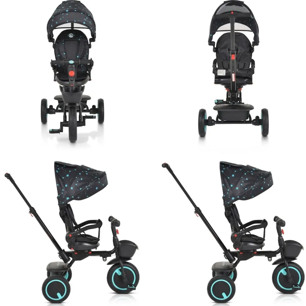 Byox Dreirad Tricycle Orion faltbar, PU-Reifen, drehbarer Sitz, Schiebestange türkis