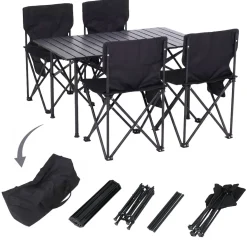 Campingset MCW-Q39, Tisch 4x Stuhl Klappstuhl Anglerstuhl faltbar, Metall Stoff ~ schwarz