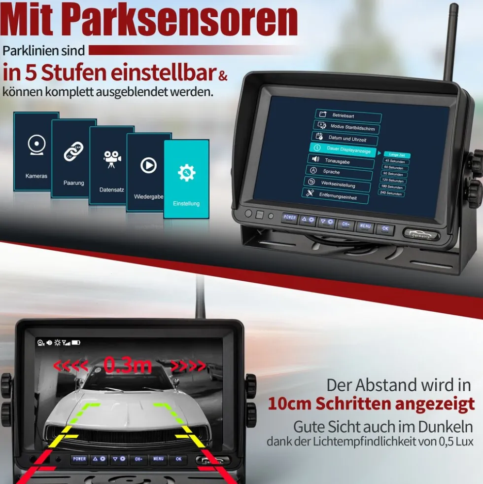 CARMATRIX DUO Solar Rückfahrsystem 7" Monitor HD Einparkhilfe für Wohnmobil, Nutzfahrzeug, Transporter