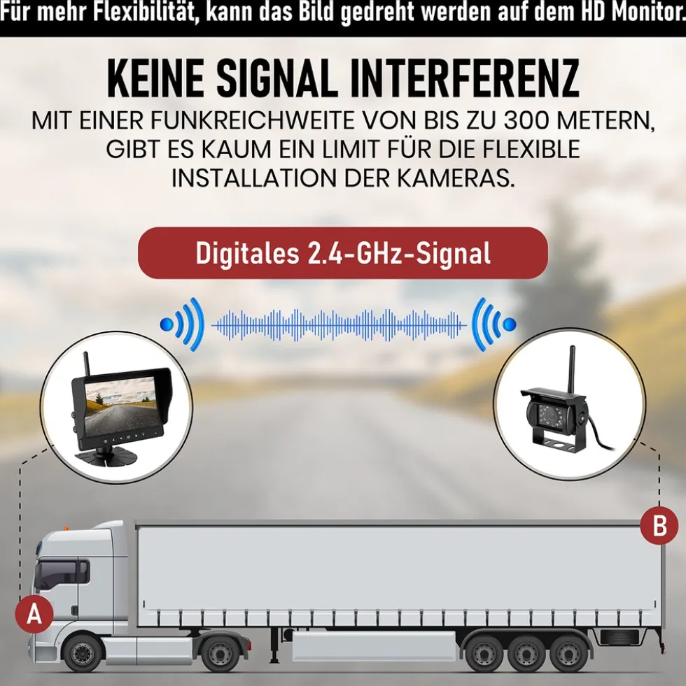 CARMATRIX HD Funk Rückfahrsystem Digital für LKW Wohnmobil Auto Transporter 7" Monitor mit Aufnahmefunktion, Mikrofon 2 Kameras