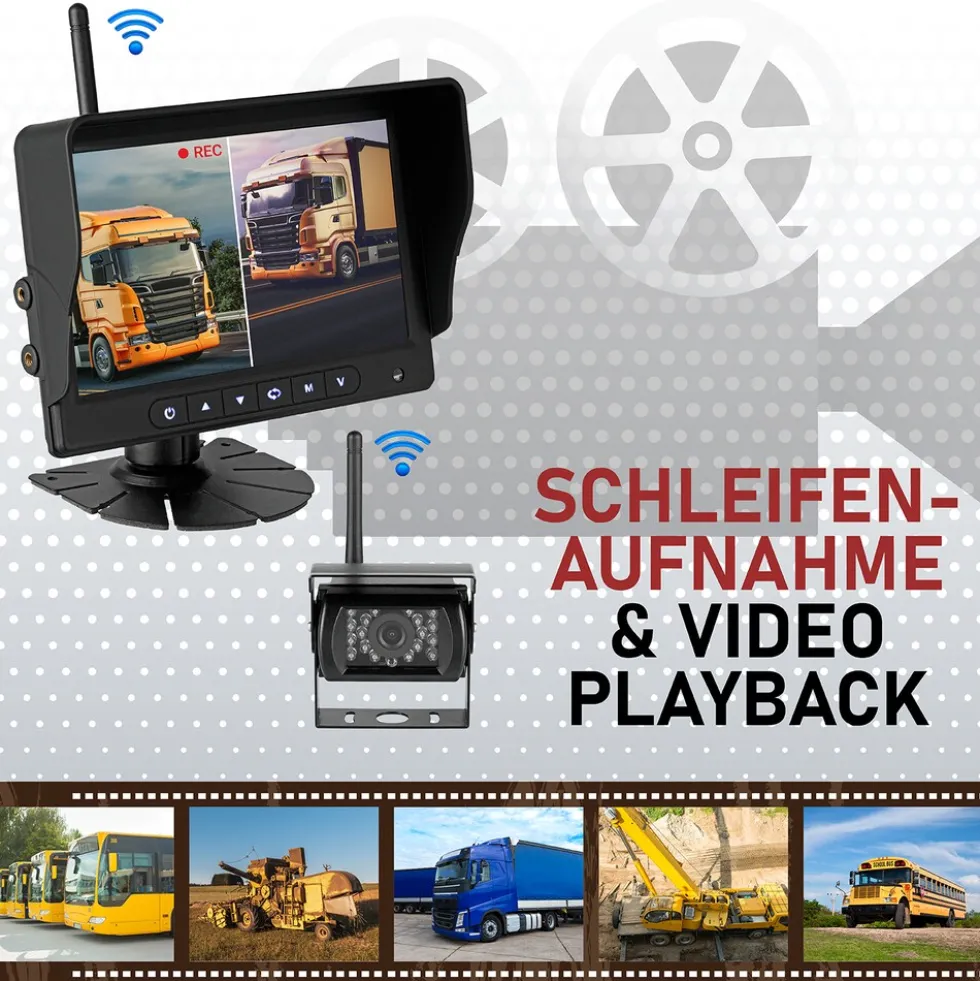 CARMATRIX HD Funk Rückfahrsystem Digital für LKW Wohnmobil Auto Transporter 7" Monitor mit Aufnahmefunktion, Mikrofon 2 Kameras