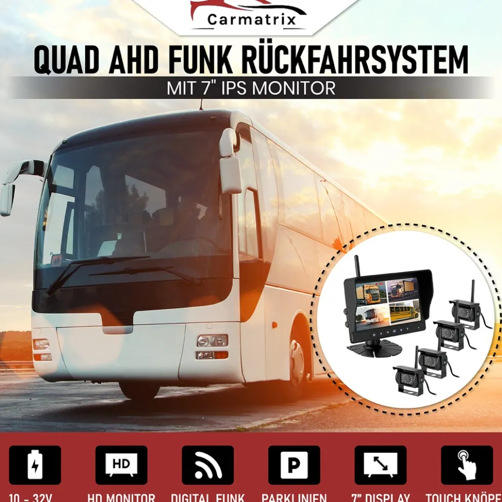 CARMATRIX HD Funk Rückfahrsystem Digital für LKW Wohnmobil Auto Transporter 7" Monitor mit Aufnahmefunktion, Mikrofon 2 Kameras