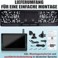 CARMATRIX HD Solar Funk Rückfahrkamera mit 5" Monitor Nummernschildkamera mit Solarpanel für vorne oder hinten