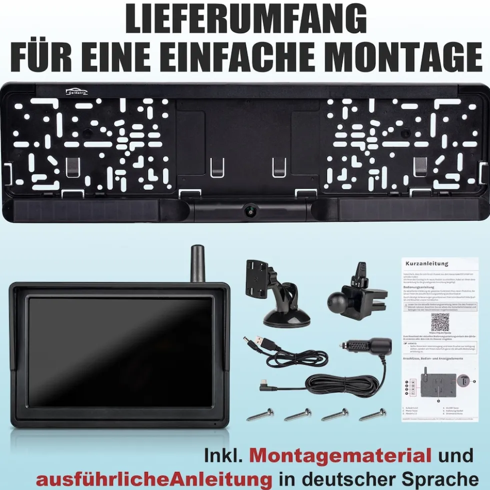CARMATRIX HD Solar Funk Rückfahrkamera mit 5" Monitor Nummernschildkamera mit Solarpanel für vorne oder hinten