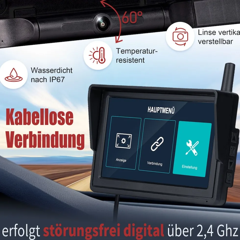 CARMATRIX HD Solar Funk Rückfahrkamera mit 5" Monitor Nummernschildkamera mit Solarpanel für vorne oder hinten