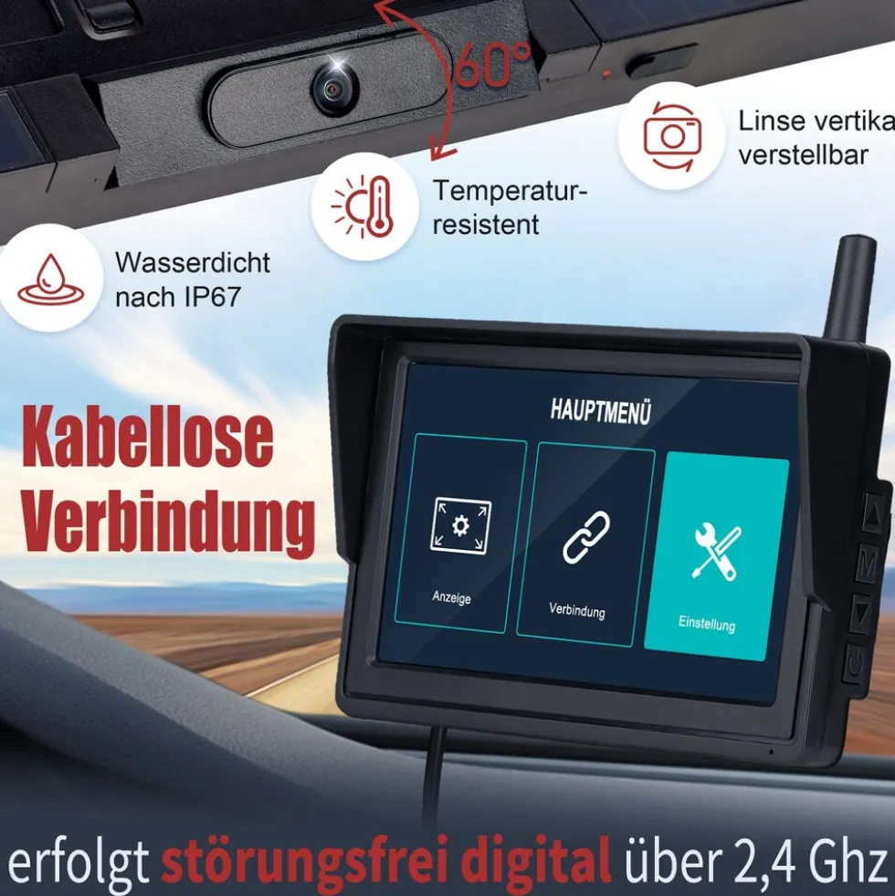 CARMATRIX Solar Funk Rückfahrsystem HD Rückfahrkamera im Nummernschild mit 2 PDC Sensoren Solarpanel