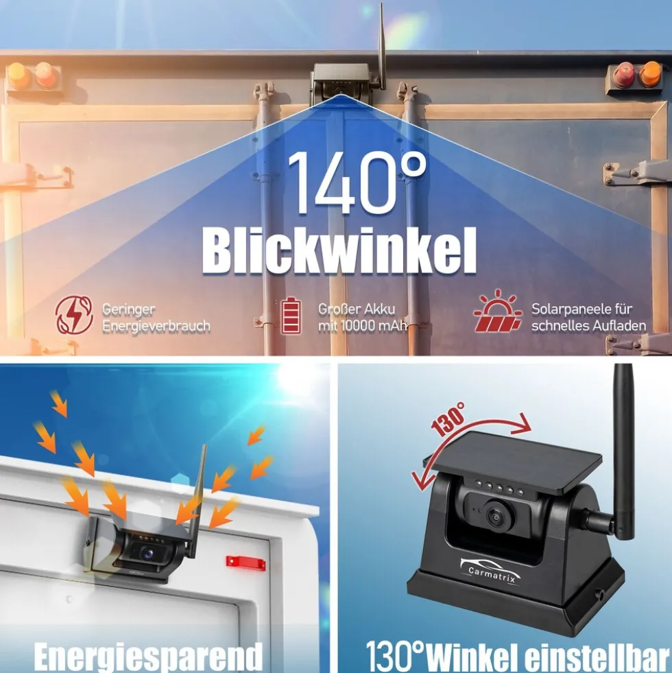 CARMATRIX Solar Rückfahrsystem mit 7" Monitor Rückfahrkamera mit Magnet Akku für Wohnmobil, Wohnwagen, Transporter