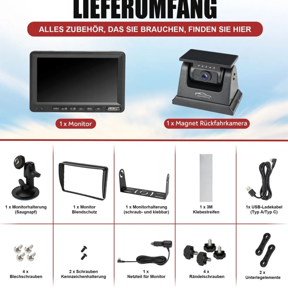 CARMATRIX Solar Rückfahrsystem mit 7" Monitor Rückfahrkamera mit Magnet Akku für Wohnmobil, Wohnwagen, Transporter