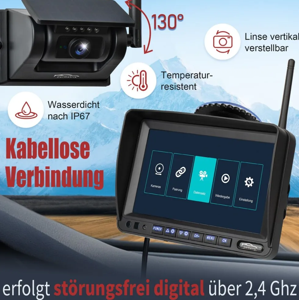 CARMATRIX Solar Rückfahrsystem mit 7" Monitor Rückfahrkamera mit Magnet Akku für Wohnmobil, Wohnwagen, Transporter