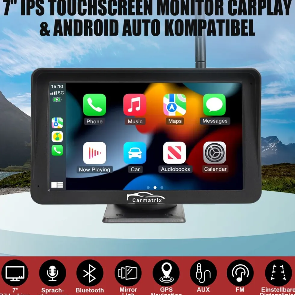 CARMATRIX Solar Rückfahrsystem PDC Einparksensoren mit Android Auto und Apple CarPlay