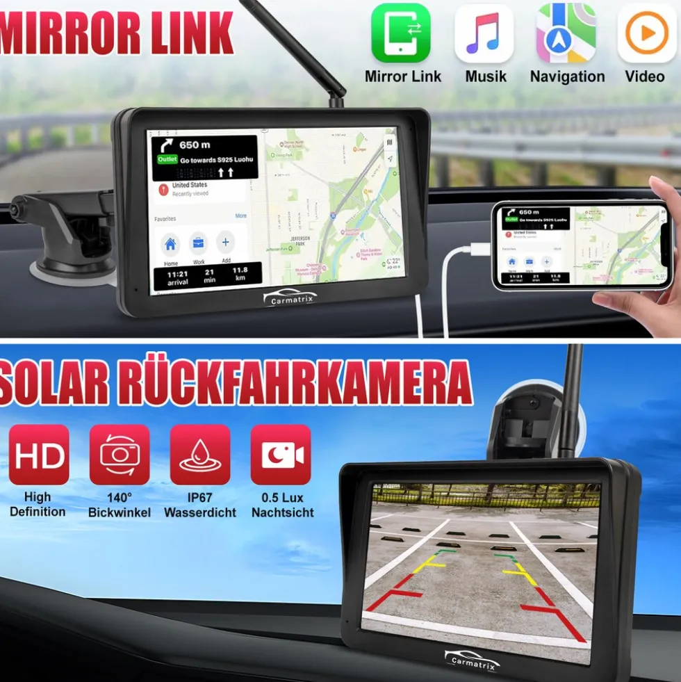 CARMATRIX Solar Rückfahrsystem mit Android Auto und CarPlay Magnet Rückfahrkamera