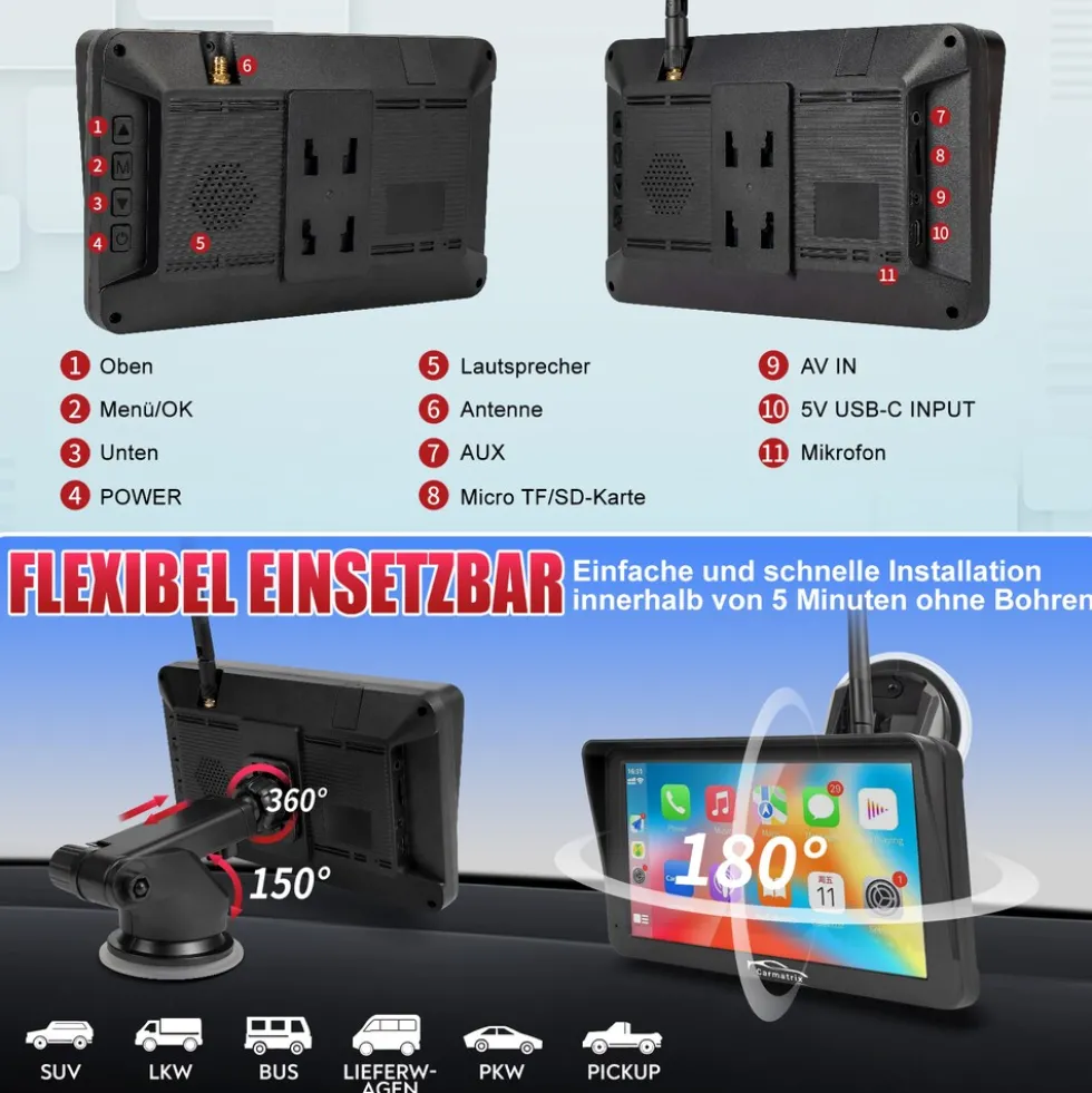 CARMATRIX Solar Rückfahrsystem mit Android Auto und CarPlay Magnet Rückfahrkamera