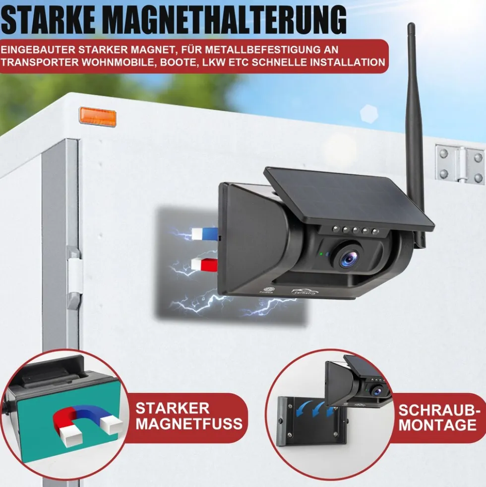 CARMATRIX Solar Rückfahrsystem mit Android Auto und CarPlay Magnet Rückfahrkamera