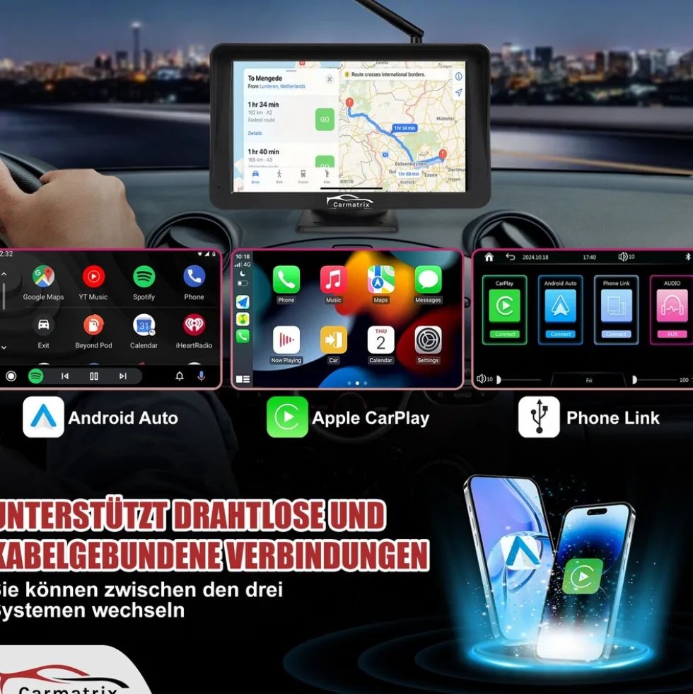 CARMATRIX Solar Rückfahrsystem mit Android Auto und Apple CarPlay, GoogleMaps, YouTube