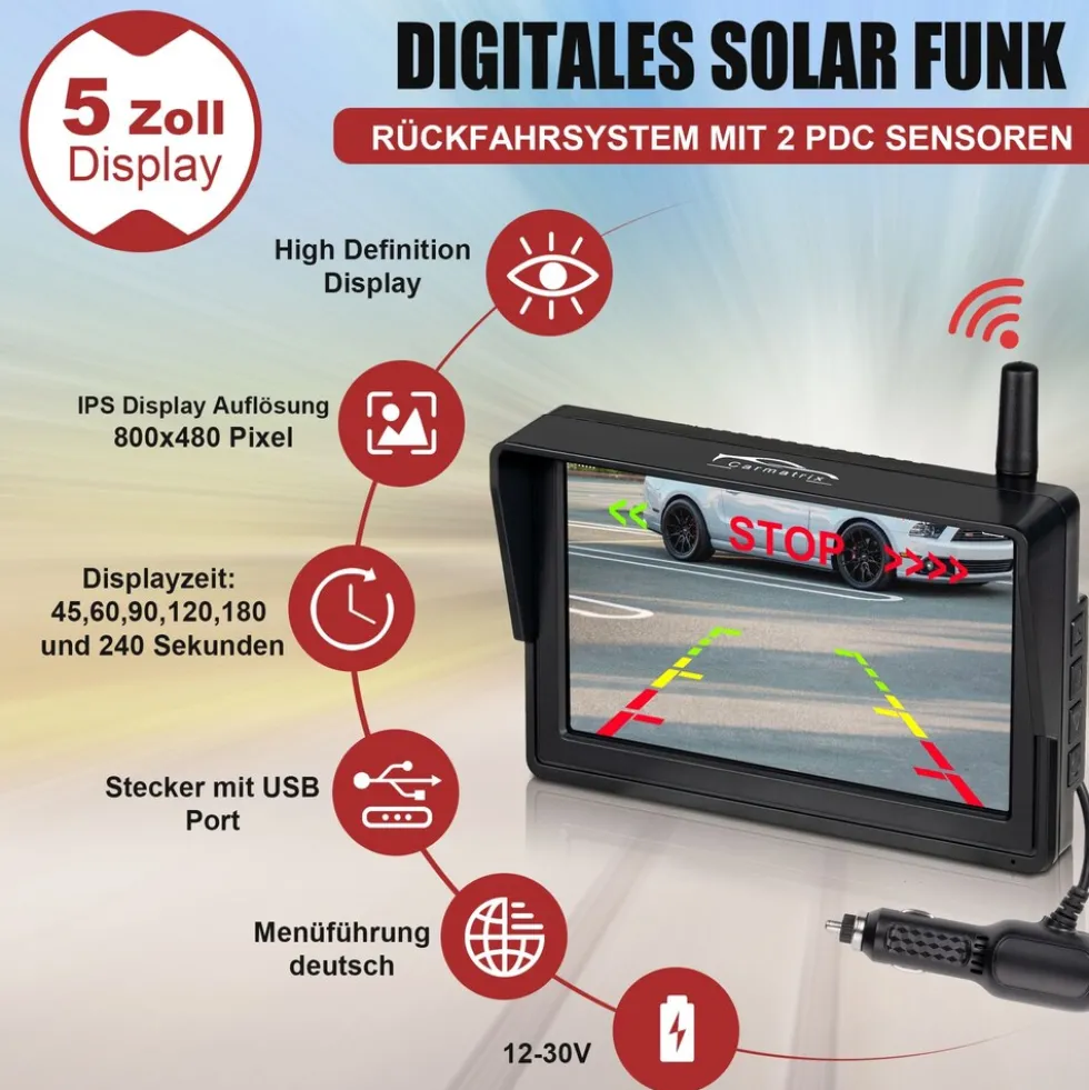 CARMATRIX Solar Rückfahrsystem HD Rückfahrkamera im Nummernschild mit Einparksensoren für Front und Heck