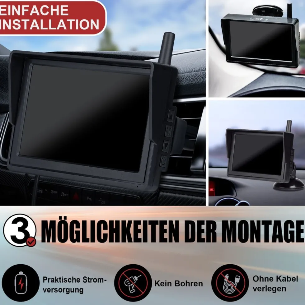 CARMATRIX Solar Rückfahrsystem HD Rückfahrkamera im Nummernschild mit Einparksensoren für Front und Heck