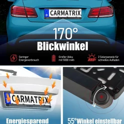 CARMATRIX Solar Rückfahrsystem HD Rückfahrkamera im Nummernschild mit Einparksensoren für Front und Heck